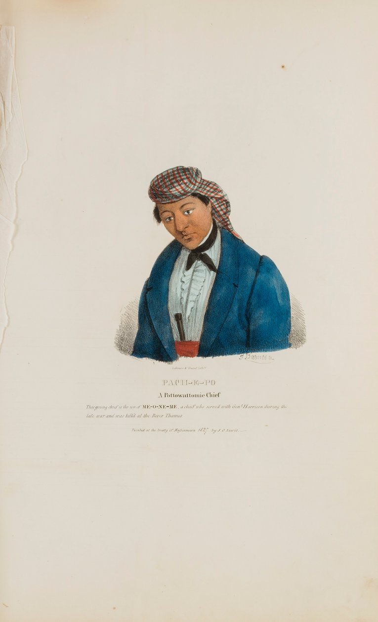 PACHE-E-PO; Pottowattomien päällikkö, julkaisusta The Aboriginal Portfolio. tekijältä James Otto Lewis