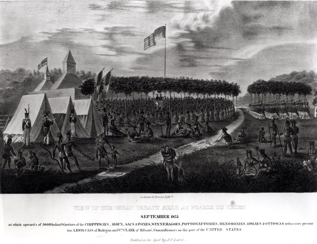 Näkymä suuresta sopimuksesta, joka pidettiin Prairie du Chienissä, Wisconsinissa, syyskuussa 1825, julkaisusta "Aboriginal Portfolio", 1825 tekijältä James Otto Lewis