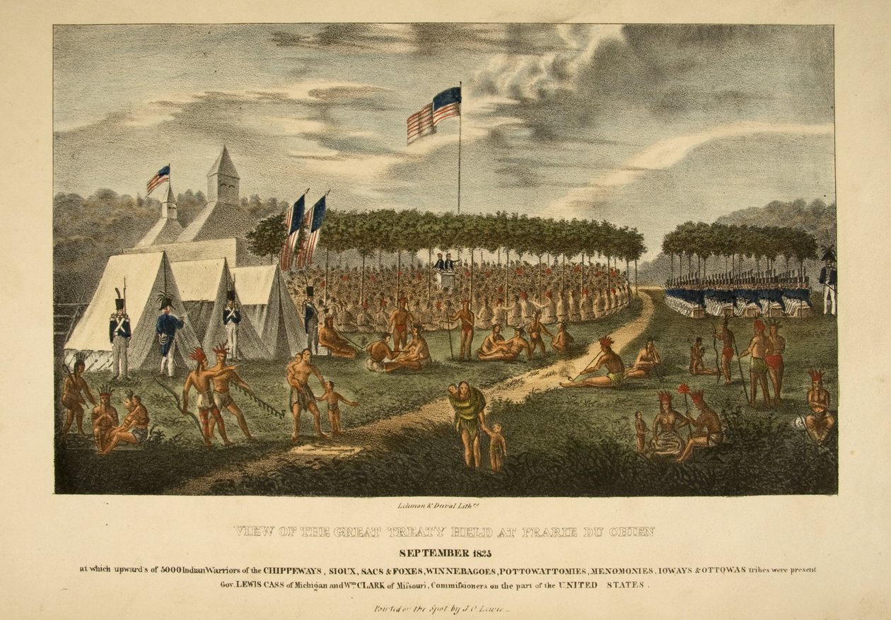 Näkymä suuresta sopimuksesta, joka pidettiin Prairie du Chienissä syyskuussa 1825 tekijältä James Otto Lewis