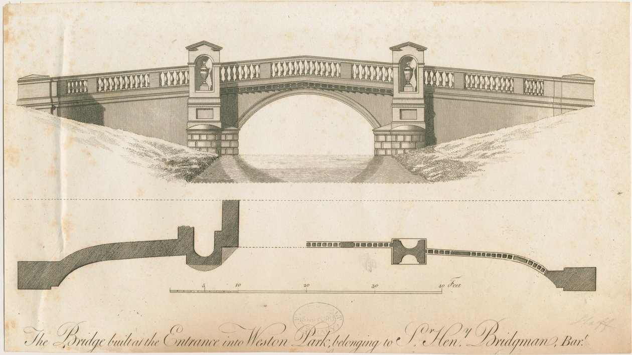 Weston-under-Lizard - silta Weston Parkin sisäänkäynnissä: kaiverrus, nd [c 1765-1770] tekijältä James Paine