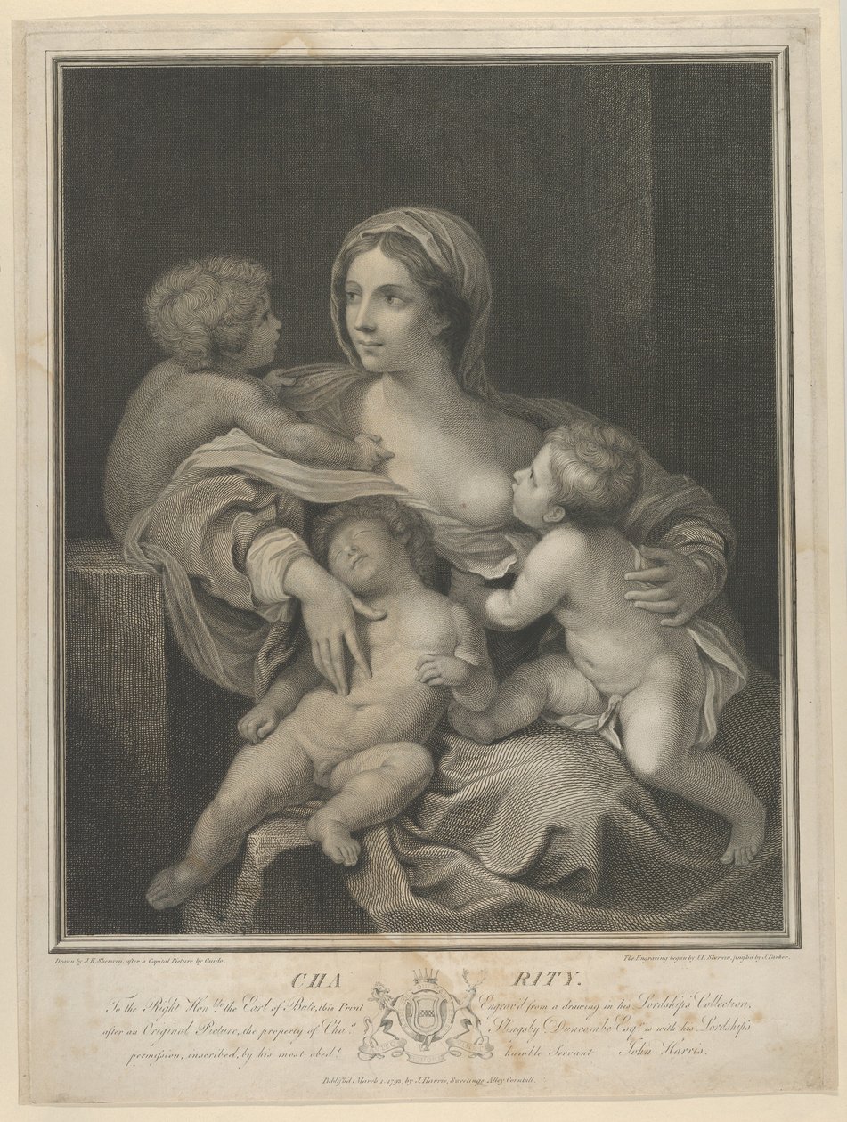 Charity istui imettämässä vauvaa, toinen nukkui sylissään ja kolmas puhui hänelle, ..., 1793. tekijältä James Parker