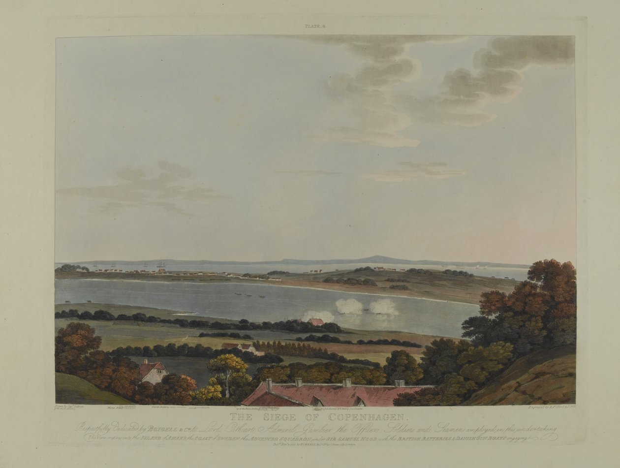 Tanska 1807: Kööpenhaminan piiritys, kaiverrettu Robert Pollardin (1792-1867) ja Joseph Constantine Stadlerin (1780-1812) toimesta, julkaistu 1807 (värillinen akvatintta). tekijältä James Pattison Cockburn