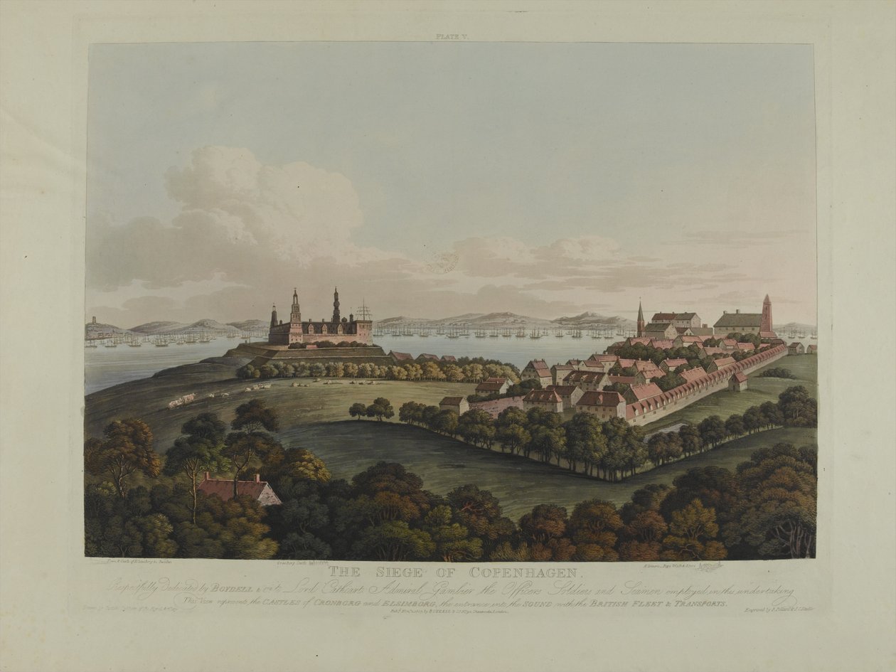 Tanska 1807: Kööpenhaminan piiritys, kaiverrus Robert Pollard (1792-1867) ja Joseph Constantine Stadler (1780-1812), julkaistu vuonna 1807 (värillinen akvatinta) tekijältä James Pattison Cockburn