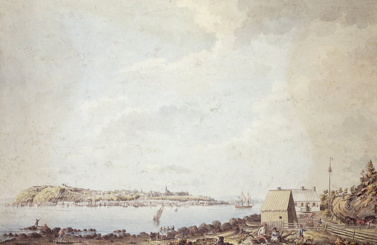 Näkymä Kanadan pääkaupungin Quebecin kaupungista, otettu lauttatalosta joen vastakkaisella puolella, 3. lokakuuta 1784 (kynä ja muste ja akvarelli paperille) tekijältä James Peachey
