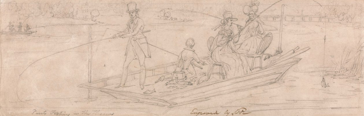 Punt Fishing in the Thames (grafiitti paperille) tekijältä James Pollard