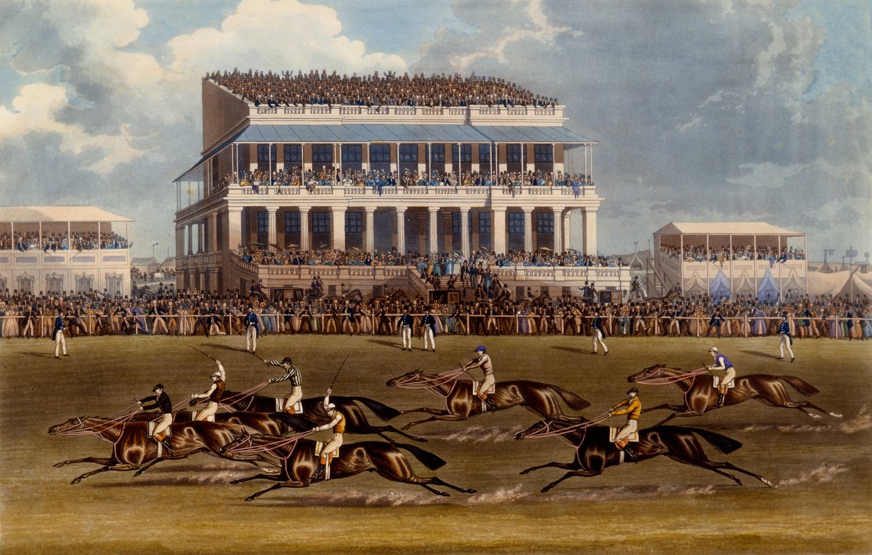 The Grand Stand at Epsom Races, printti Charles Hunt, 1836 (akvatinta) tekijältä James Pollard