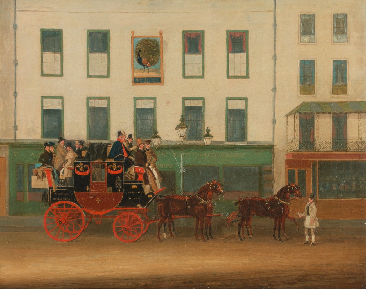 London-Manchester Stage Coach, "Piikin Peveril", Peacock Innin ulkopuolella, Islington tekijältä James Pollard