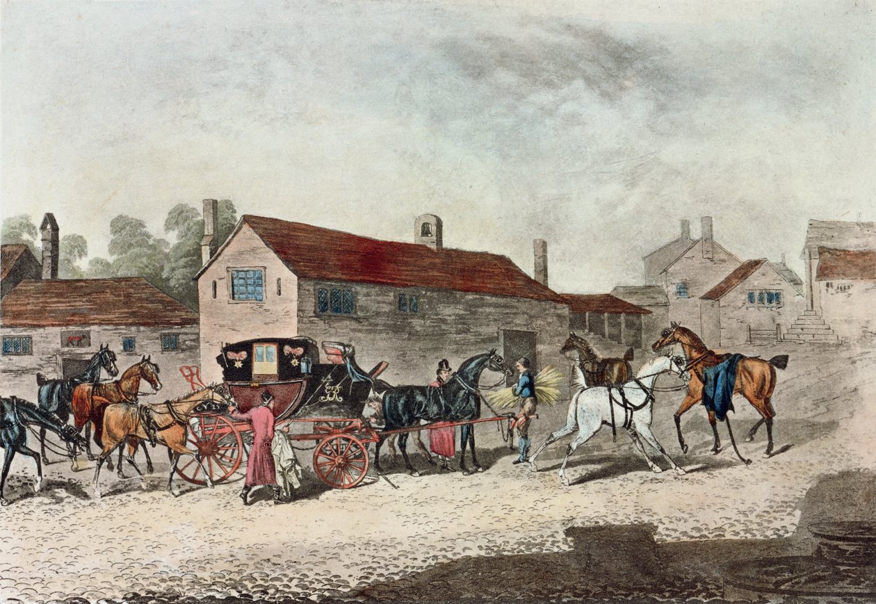 R. Havellin kaiverrettu postivalmentaja vaihtamassa hevosia, 1815 tekijältä James Pollard
