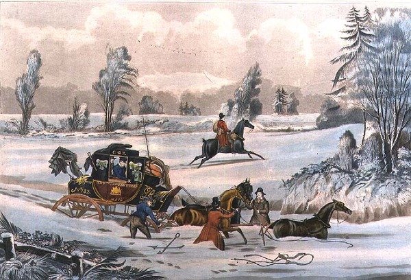 Postivalmentaja lumisateessa, kaiverrus G. Reeves, pubi. kirjoittanut J. Watson 21.9.1825 (kaiverrus) tekijältä James Pollard