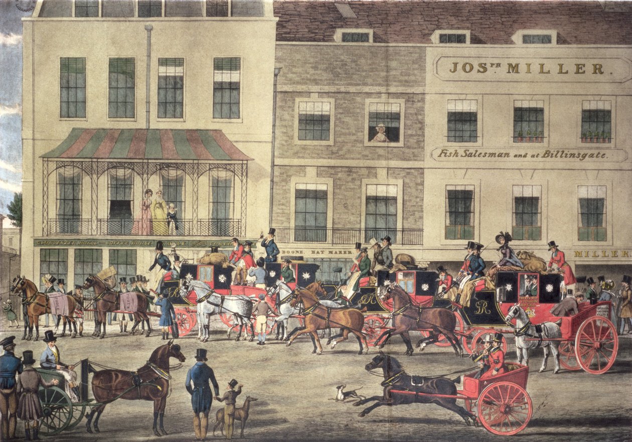 West Country Mails Gloucester Coffee Housessa, Piccadillyssa, kaiverrus C. Rosenberg, 1828 tekijältä James Pollard