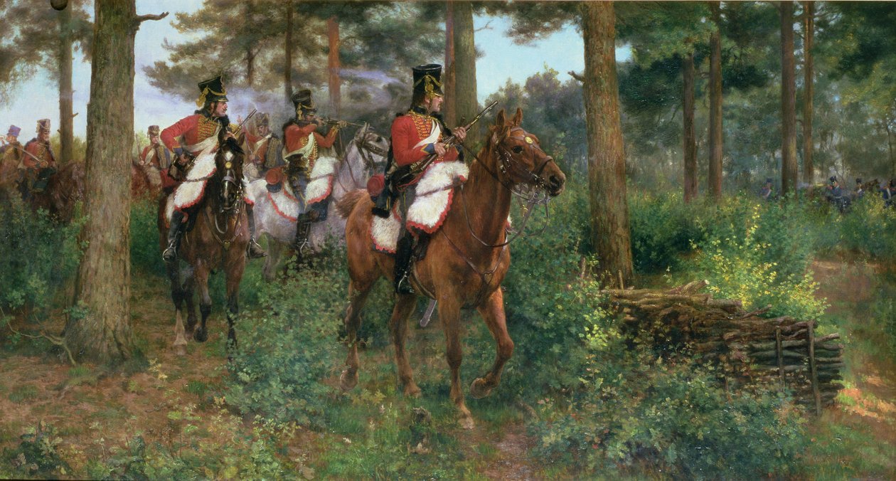 An Affair of Outposts, Napoleonin 1. armeijan 9. husaarit 1806 (öljy kankaalle) tekijältä James Prinsep Beadle