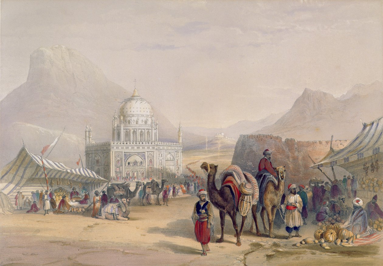 Afganistanin kuninkaan Ahmed Shauhin temppeli, Kandahar, levy 27 teoksesta "Afghanistanin maisema, asukkaat ja puvut", kaiverrus Robert Carrick (n. 1829-1904) 1848 tekijältä James Rattray