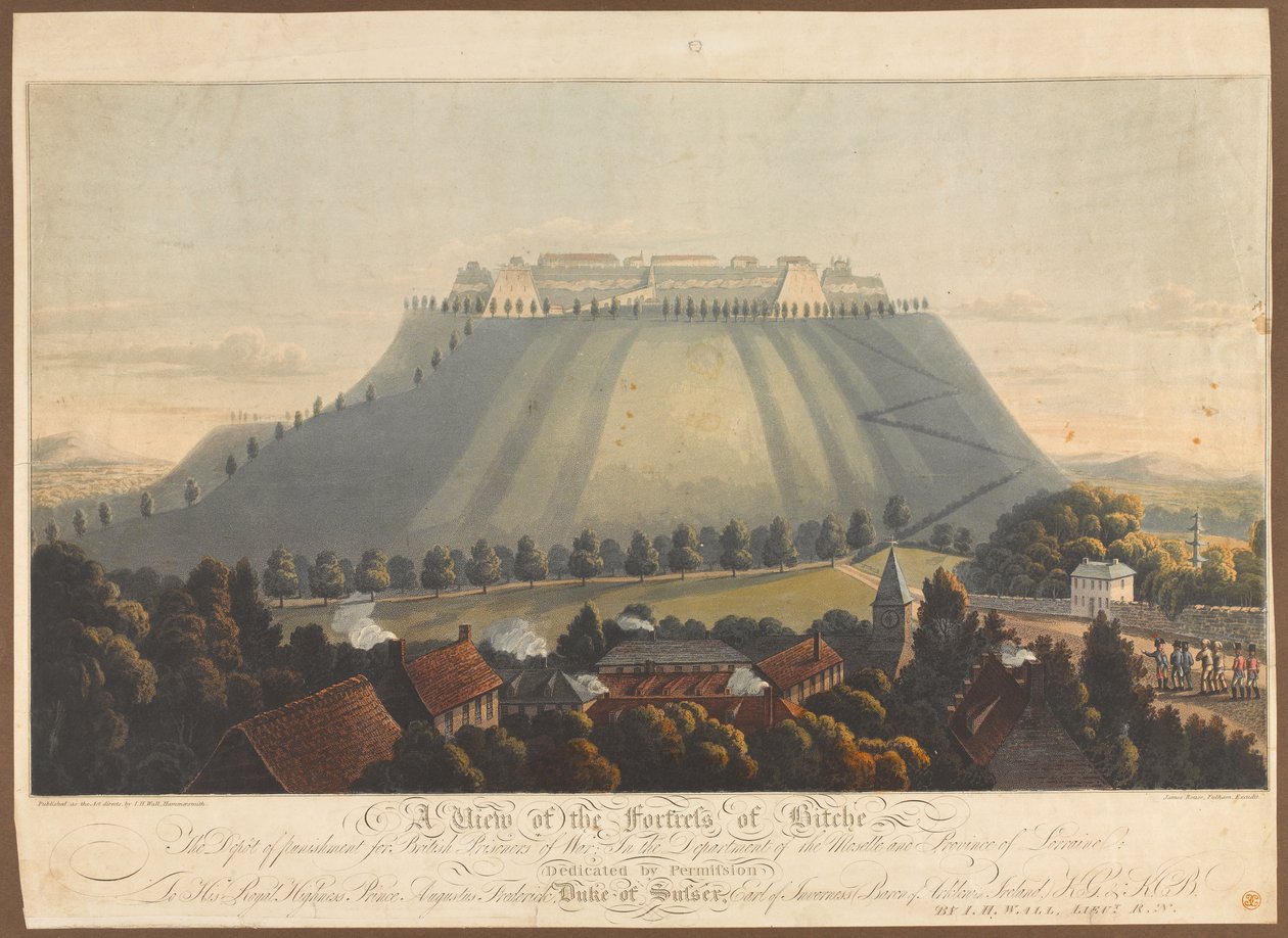 Näkymä Bitchen linnoitukselle. Brittiläisten sotavankien rangaistusvarasto, 1799 tekijältä James Rouse