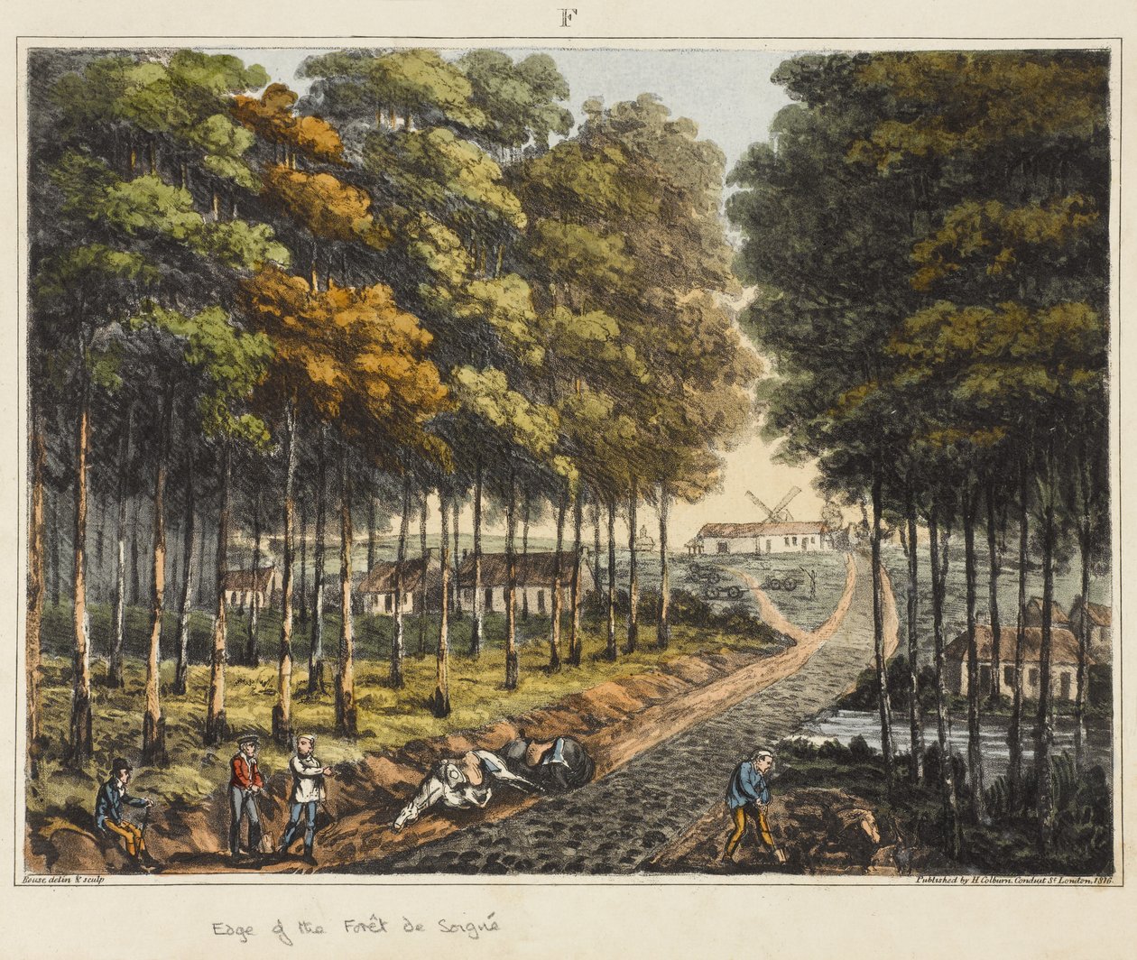 Foret de Soignesin reuna, "Historiallinen kertomus Waterloon taistelusta", 1817 (värillinen akvatinta) tekijältä James Rouse