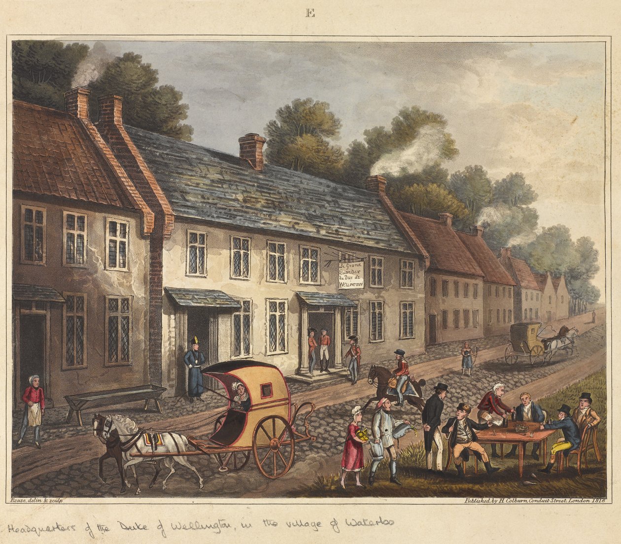 Wellingtonin herttuan päämaja Waterloon kylässä, teoksesta "An Historical Account of the Battle of Waterloo", 1817 (värillinen akvatintta). tekijältä James Rouse