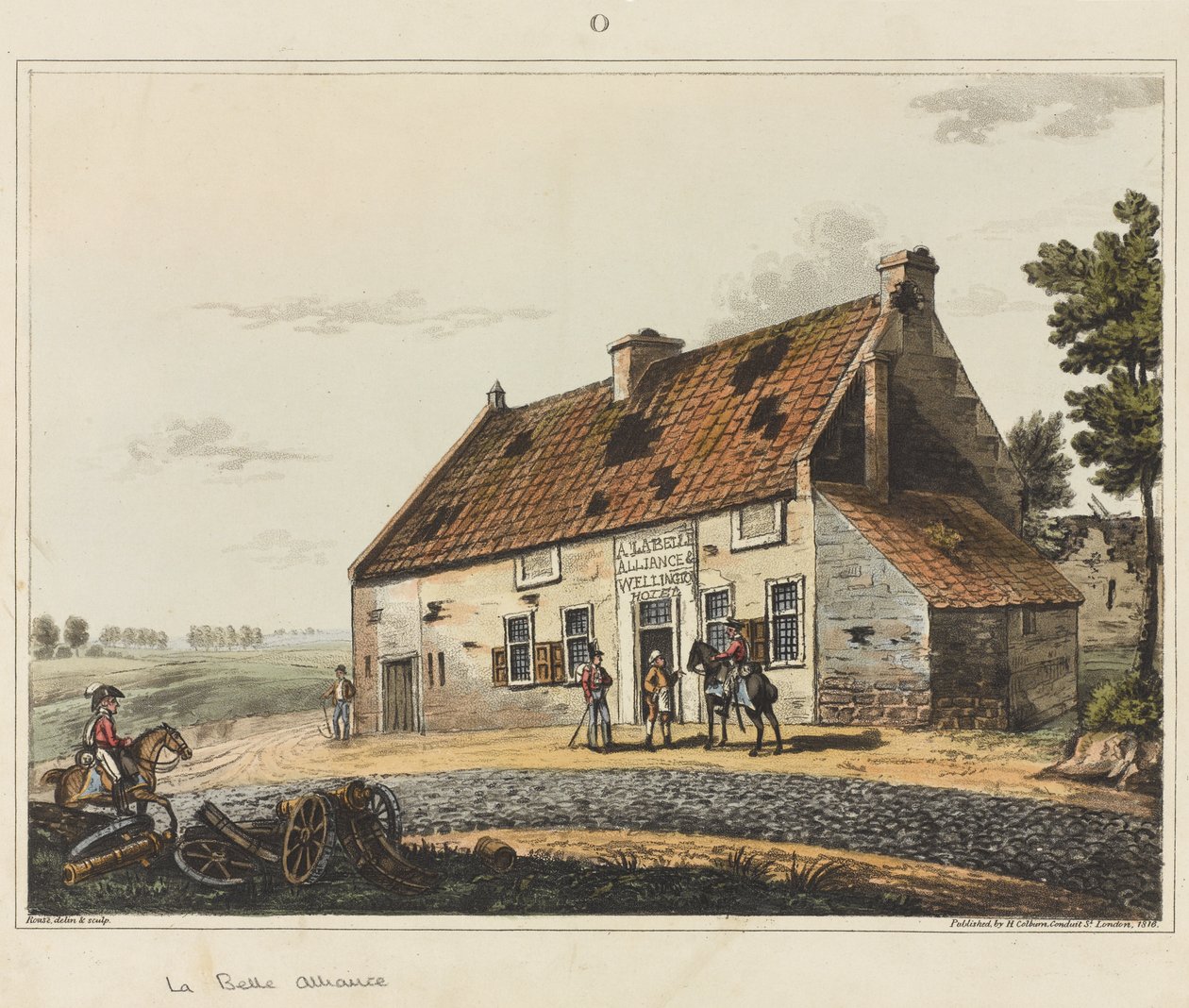 La Belle Alliance, teoksesta "An Historical Account of the Battle of Waterloo", 1817 (värillinen akvatinta) tekijältä James Rouse