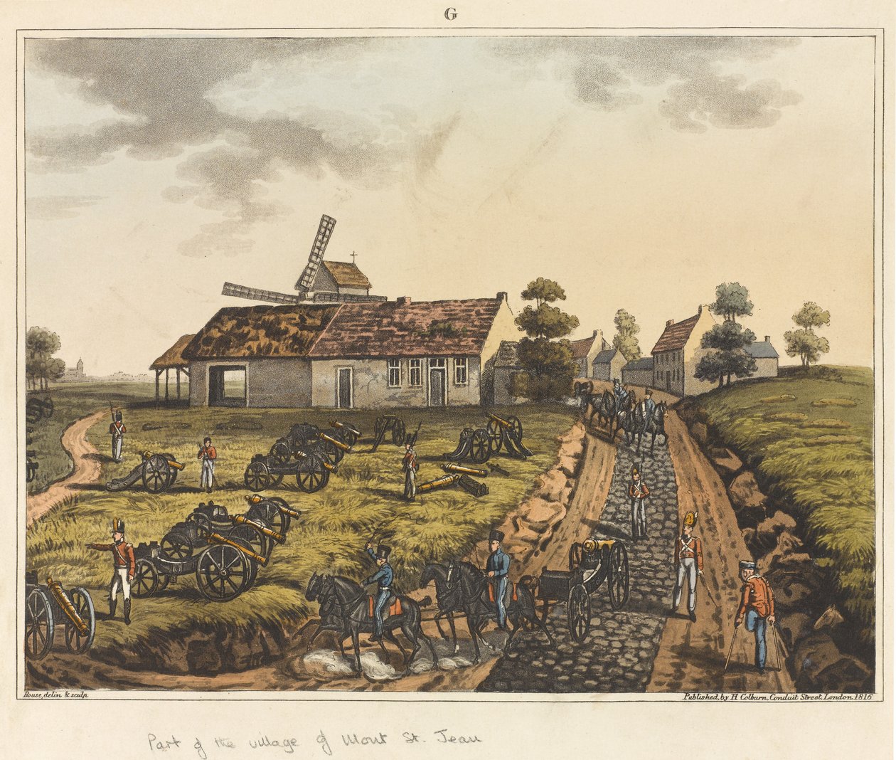 Osa Mont St Jeanin kylää, kirjasta "Historiallinen kertomus Waterloon taistelusta", 1817 (värillinen akvatinta) tekijältä James Rouse