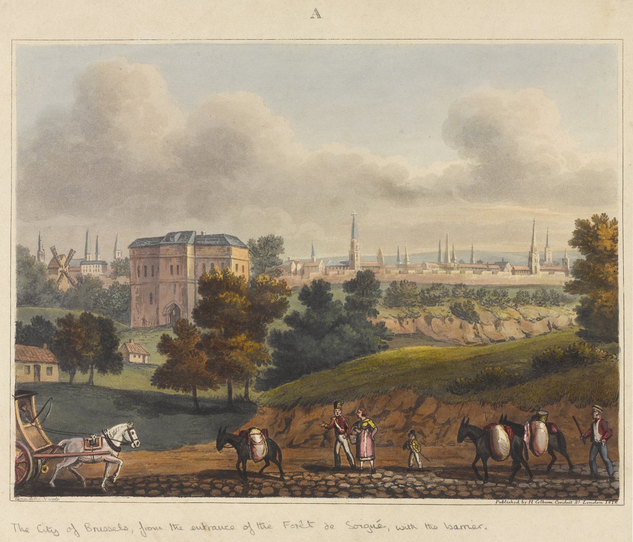 Brysselin kaupunki Foret de Soignesin sisäänkäynnistä, muurin kanssa vuodelta 1815, "Historiallinen kertomus Waterloon taistelusta", 1817 (värillinen akvatinta) tekijältä James Rouse