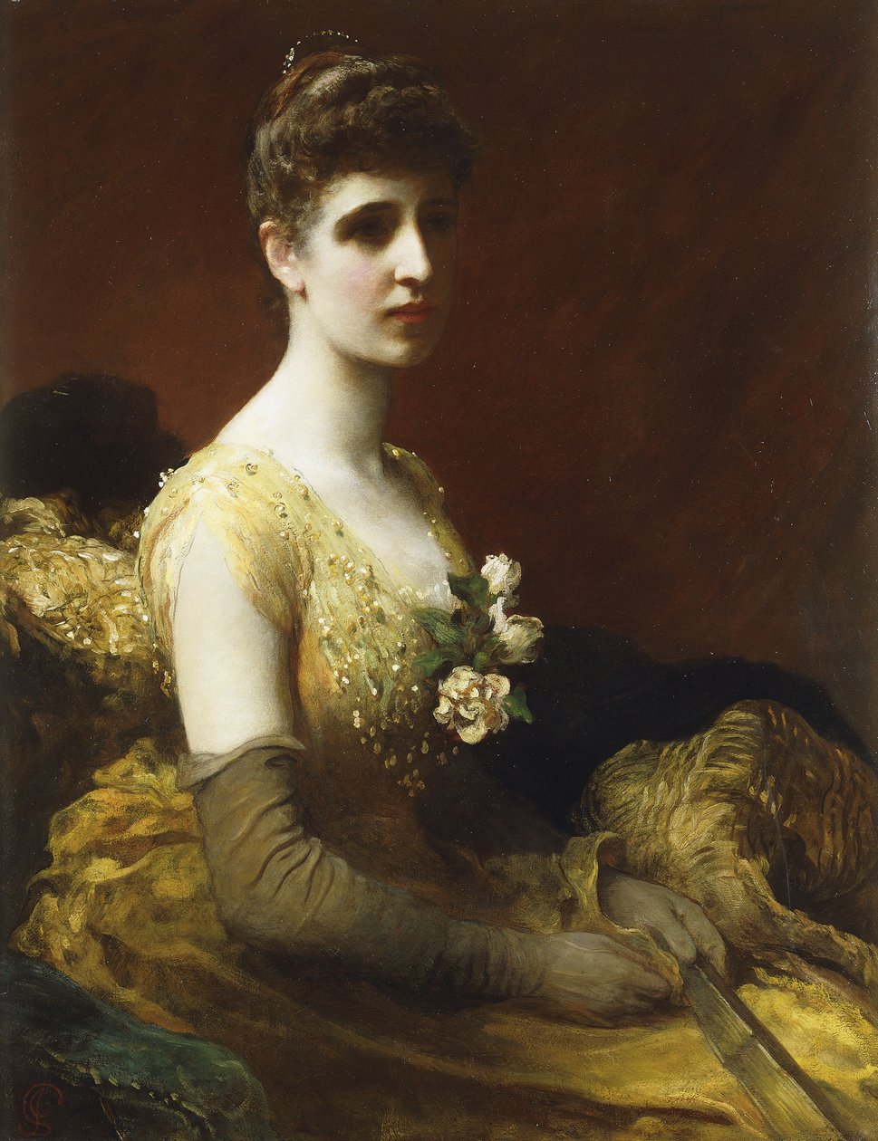 Lady Dixon of Rhedan muotokuva, kolme neljäsosaa, istuu yllään keltaisessa mekossa, jossa on kukkaviuhka, tekijältä James Sant