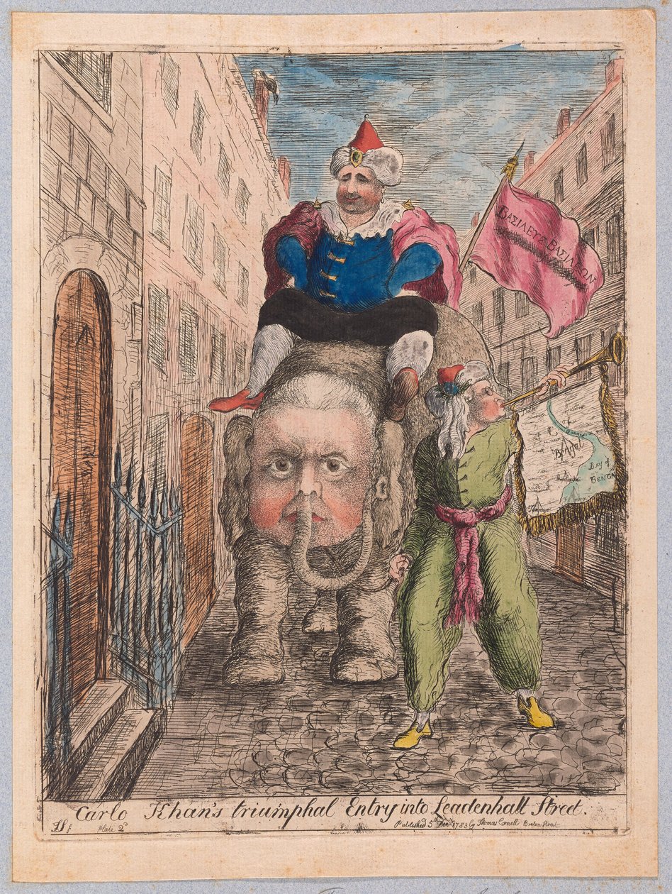 Carlo Khans Triumphal -sisäänkäynti Leadenhall Streetille, pubi. 1783 (käsinvärinen kaiverrus) tekijältä James Sayers