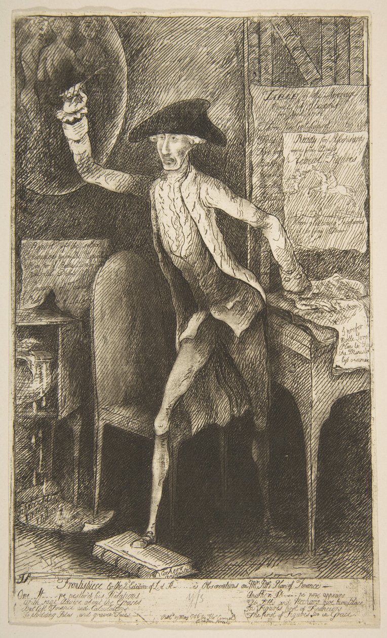 Frontispiece Lord St[anhop]es Observationsin 2. painokseen Mr. Pitts Pl...:stä, 29. toukokuuta 1786. tekijältä James Sayers