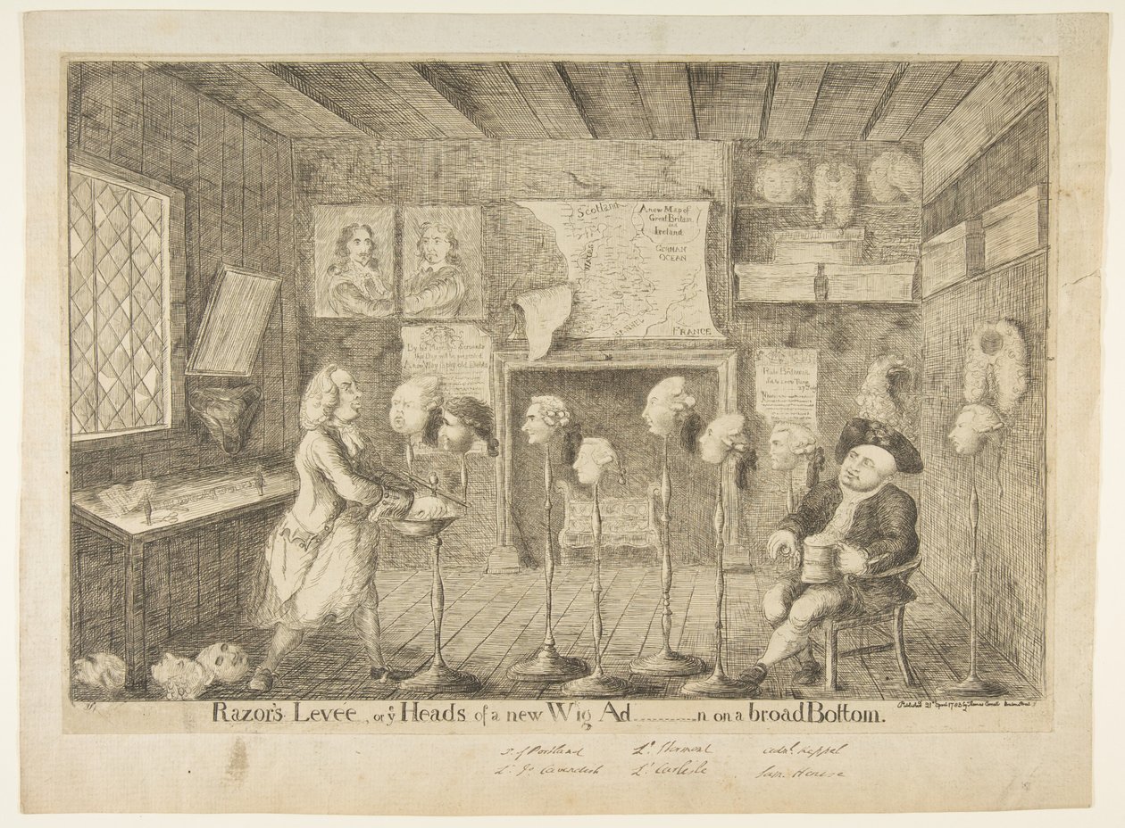 Razors Levée eli Ye Heads of a New Wig Ad [hallinnon] laajalla pohjalla, 21. huhtikuuta 1783. tekijältä James Sayers