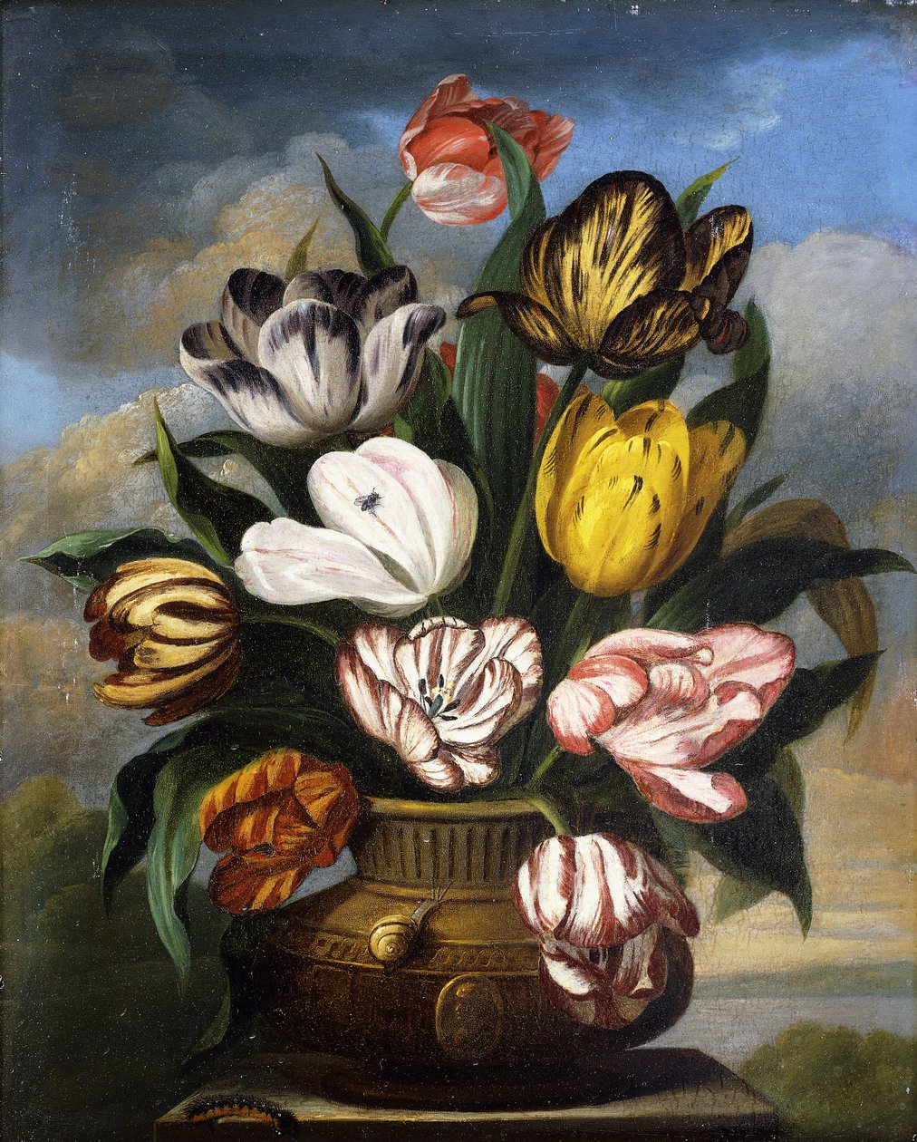 Tulppaanit maljakossa, toukka, etana ja kärpänen sokkelilla maisemassa, 1826 tekijältä James Sillett