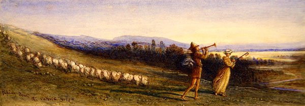 "Piping down the Valleys Wild" (akvarelli ja ruskea muste paperille) tekijältä James Smetham