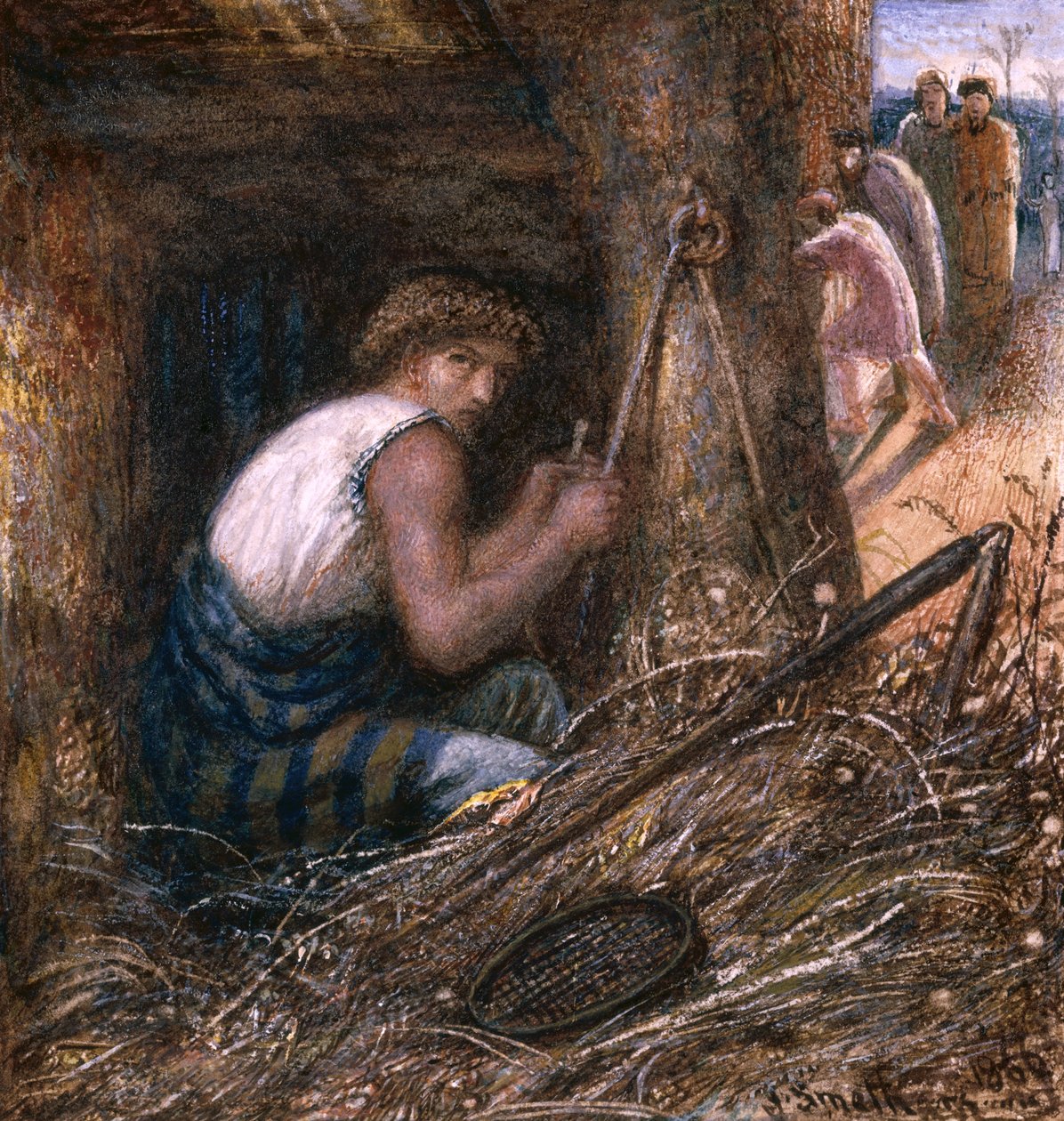 Saul piiloutumassa tavaroiden sekaan, 1866 (wc, öljy ja arabikumi paperille) tekijältä James Smetham