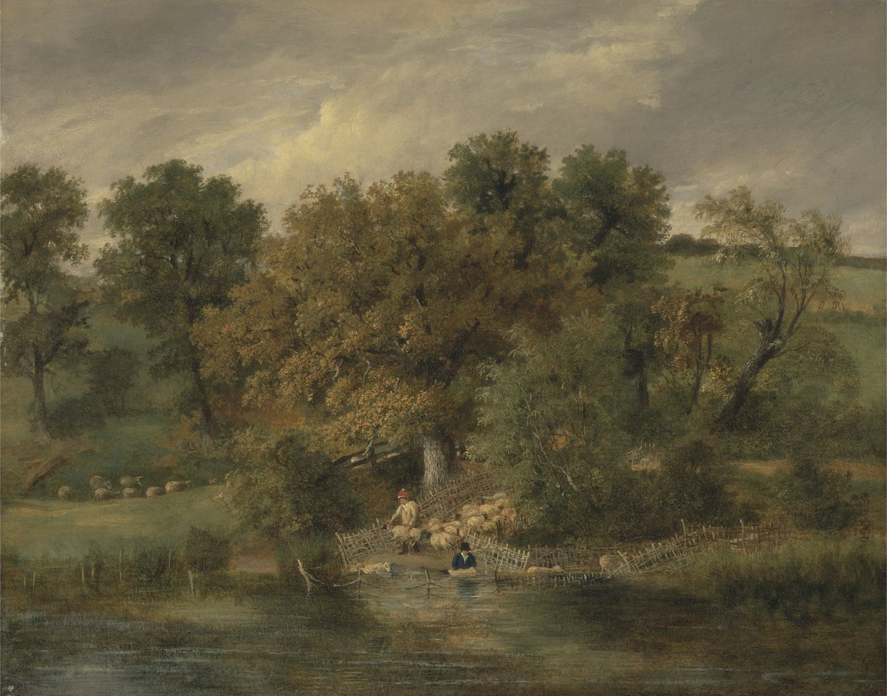 Lampaiden pesu Postwick Grovessa, Norwichissa, n. 1822 (öljy paneelille) tekijältä James Stark