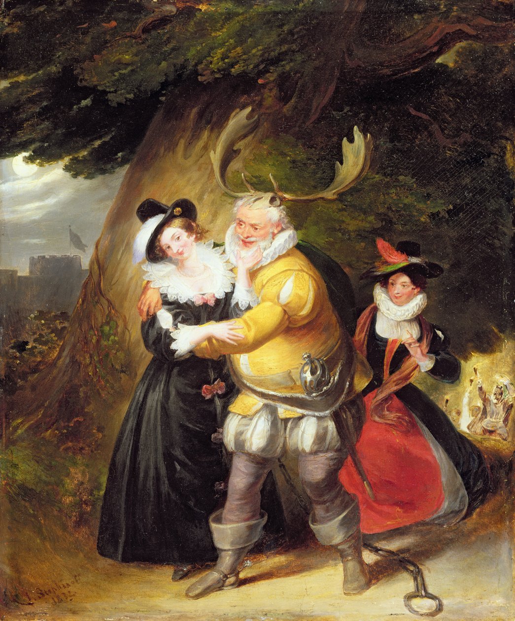 Falstaff Hernen tammen luona elokuvasta The Merry Wives of Windsor, näytös V, kohtaus V, 1832 tekijältä James Stephanoff