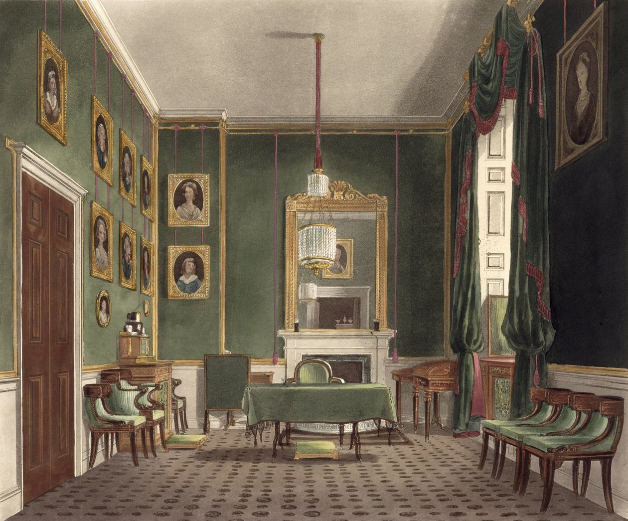 Vihreä vaatekaappi, Buckingham House, kirjasta "The History of the Royal Residences", kaiverrus Daniel Havell (1785-1826), William Henry Pyne (1769-1843), 1819 tekijältä James Stephanoff
