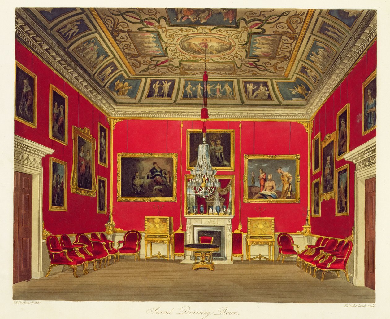The Second Drawing Room, Buckingham House, teoksesta "The History of the Royal Residences", kaiverrus Thomas Sutherland (s.1785), William Henry Pyne (1769-1843), 1818 tekijältä James Stephanoff