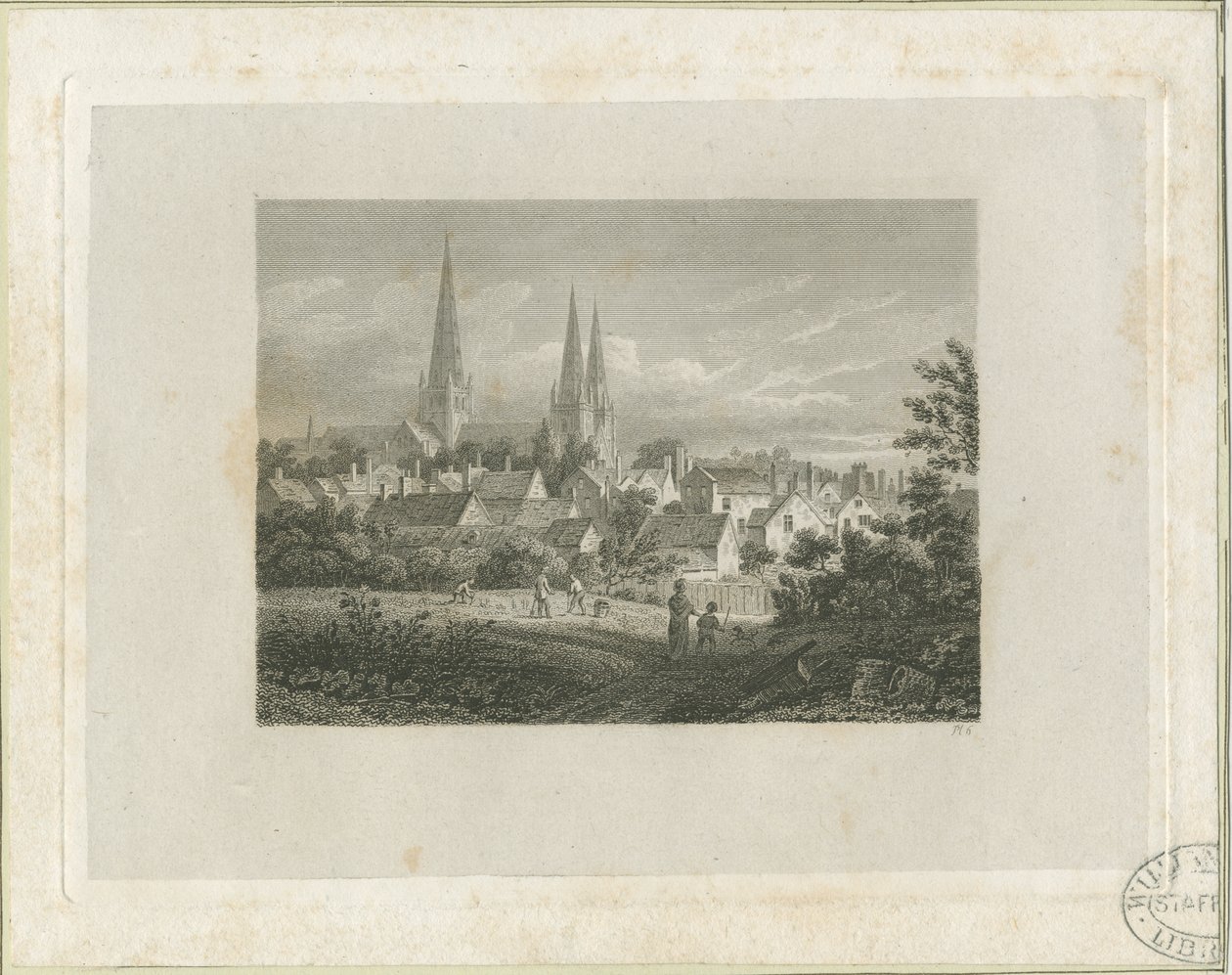 Lichfieldin katedraali - Luoteisnäkymä (kaukainen): kaiverrus, nd [c 1816] (tulostus) tekijältä James Storer