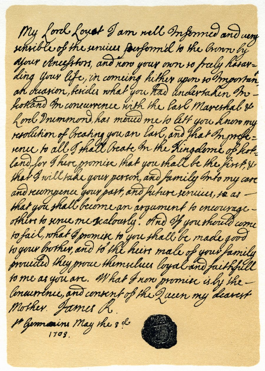 James Edward Stuartin kirje Simon Fraserille, Lord Lovatille, St Germainsille, 3. toukokuuta 1703. tekijältä James Stuart
