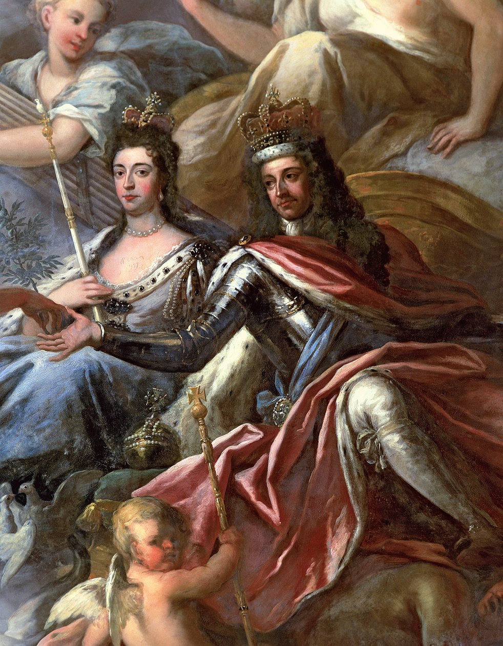 Maalatun salin katto, yksityiskohta kuningas Vilhelm III:sta 1650-1702 ja kuningatar Maria II:sta 1662-1694 istui, 1707-14 katso 208087 tekijältä James Thornhill