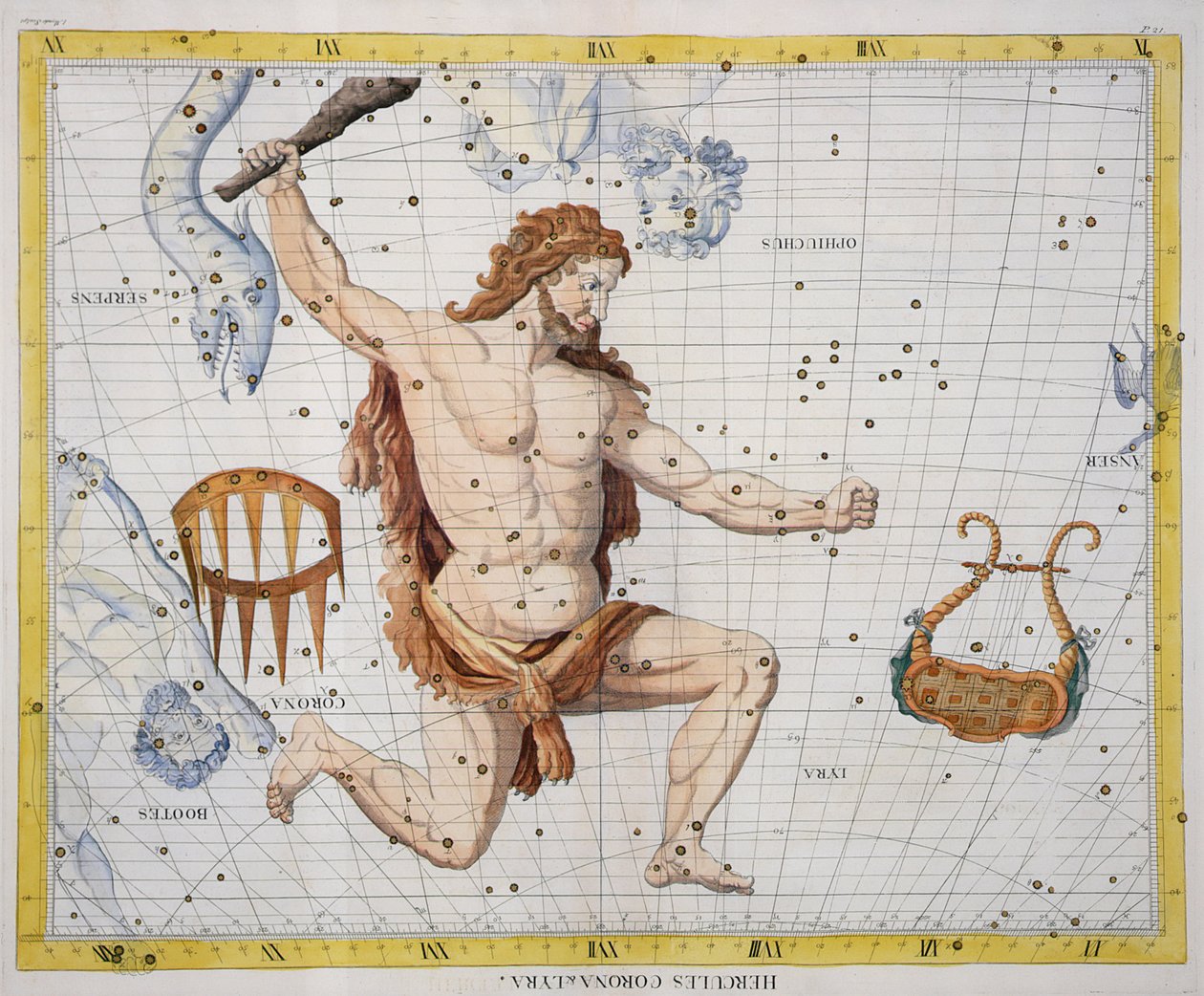 Herkuleen tähtikuvio koronan ja lyyran kanssa, levy 21 "Atlas Coelestiksestä", John Flamsteed (1646-1710), julkaistu vuonna 1729 (käsinvärinen kaiverrus) tekijältä James Thornhill