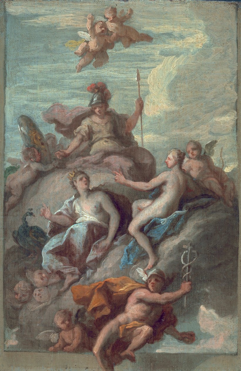 Juno, Minerva ja Venus lähettävät Merkuriusta epäsopuomenan kanssa, n. 1718 tekijältä James Thornhill