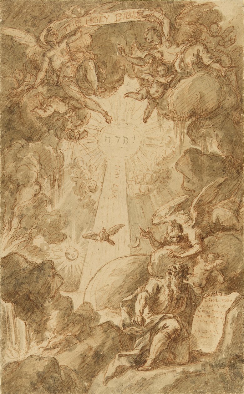 Valmistelupiirustus C. du Boscin kaiverrusta varten, joka on tehty kuninkaallisen merisotakoulun kappeliraamattua varten. James Thornhillin (1675-1734) teos (43x26,6 cm), 1700-luvun alku. tekijältä James Thornhill