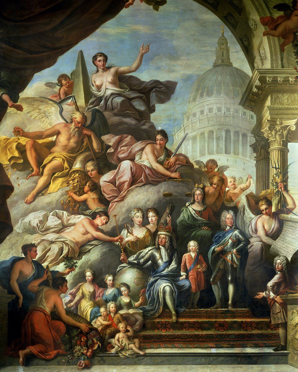 Yläsalin takaseinämaalaus, joka ylistää George I:tä (1660-1727) ja Hannoverin taloa, 1718-24 (katso myös 208091, 7797 ja 28499) tekijältä James Thornhill
