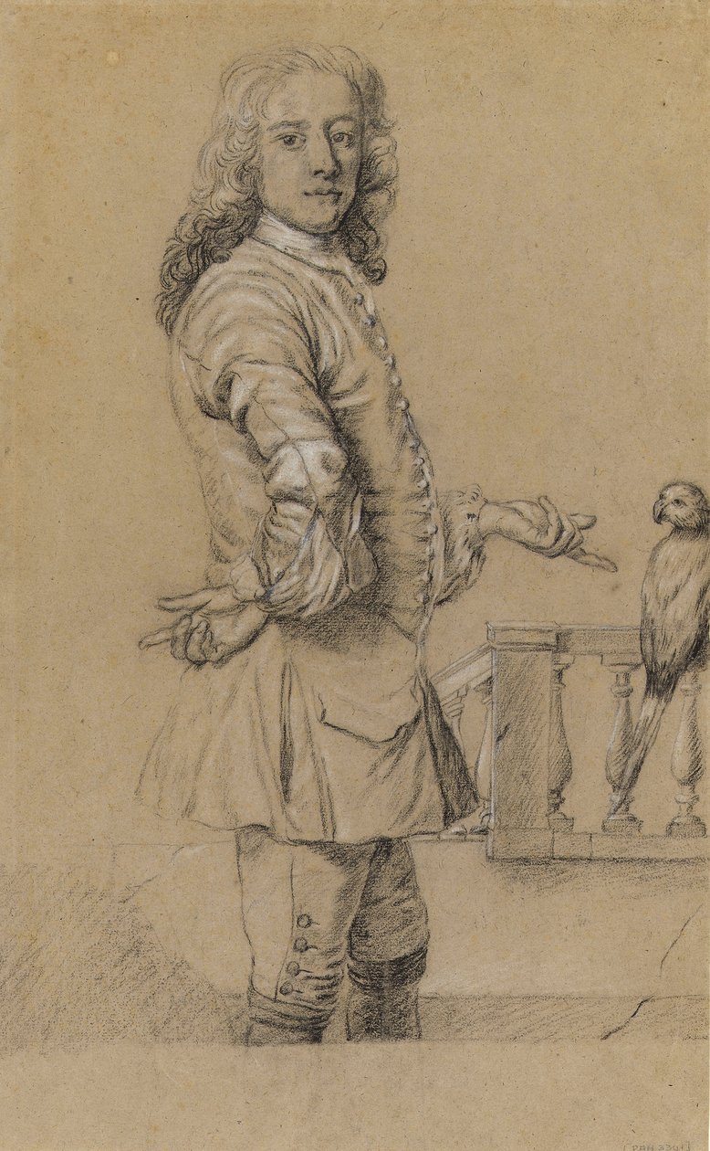 Omakuva papukaijan kanssa, 1700-luvun alku (mustavalkoinen väriliitu) tekijältä James Thornhill