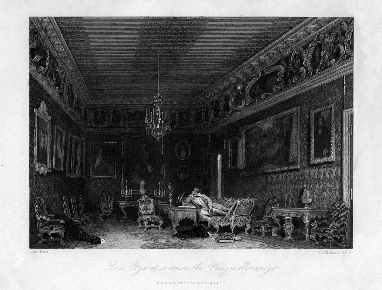 Lord Byronsin huone Palazzo Mocenigossa, Venetsiassa, Italiassa, 1800-luku. tekijältä James Tibbitts Willmore
