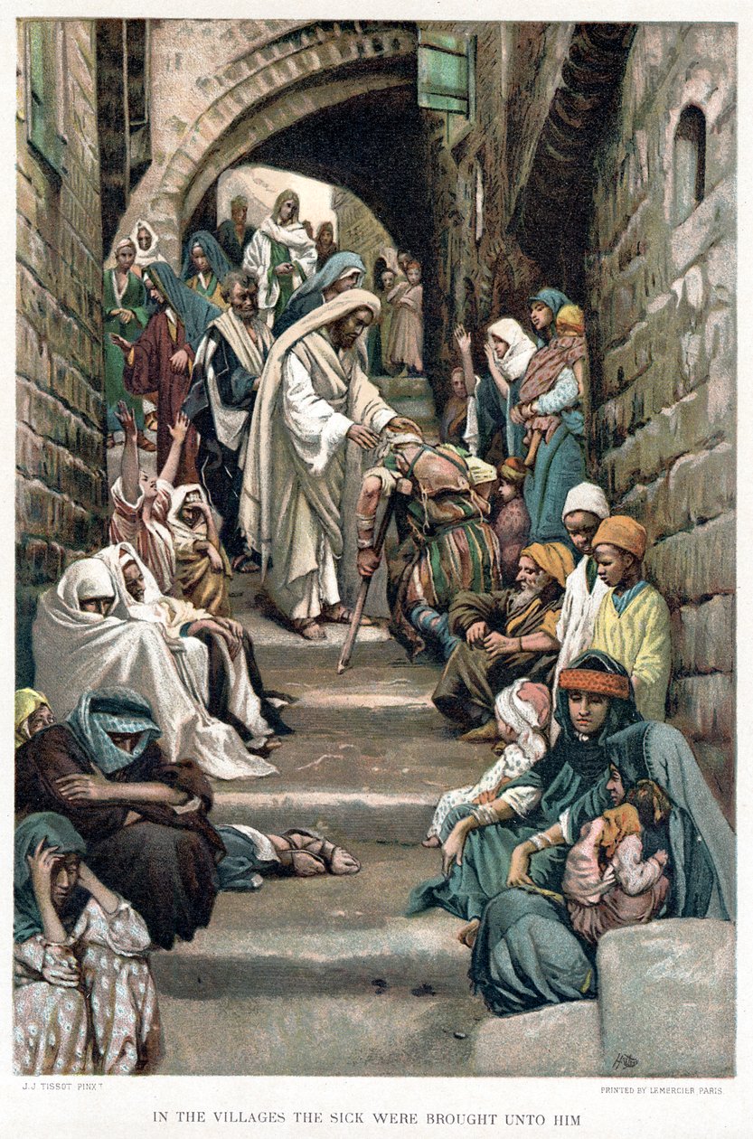 Kristus, joka parantaa sairaita, tuotiin hänen luokseen kylissä, n. 1890 tekijältä James Tissot