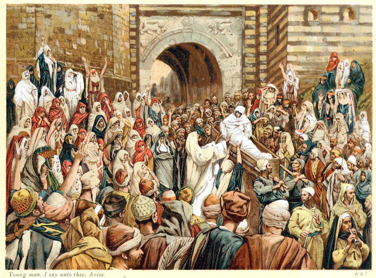 Jeesus kasvattaa lesken poikaa Nainissa vuonna 1890 tekijältä James Tissot