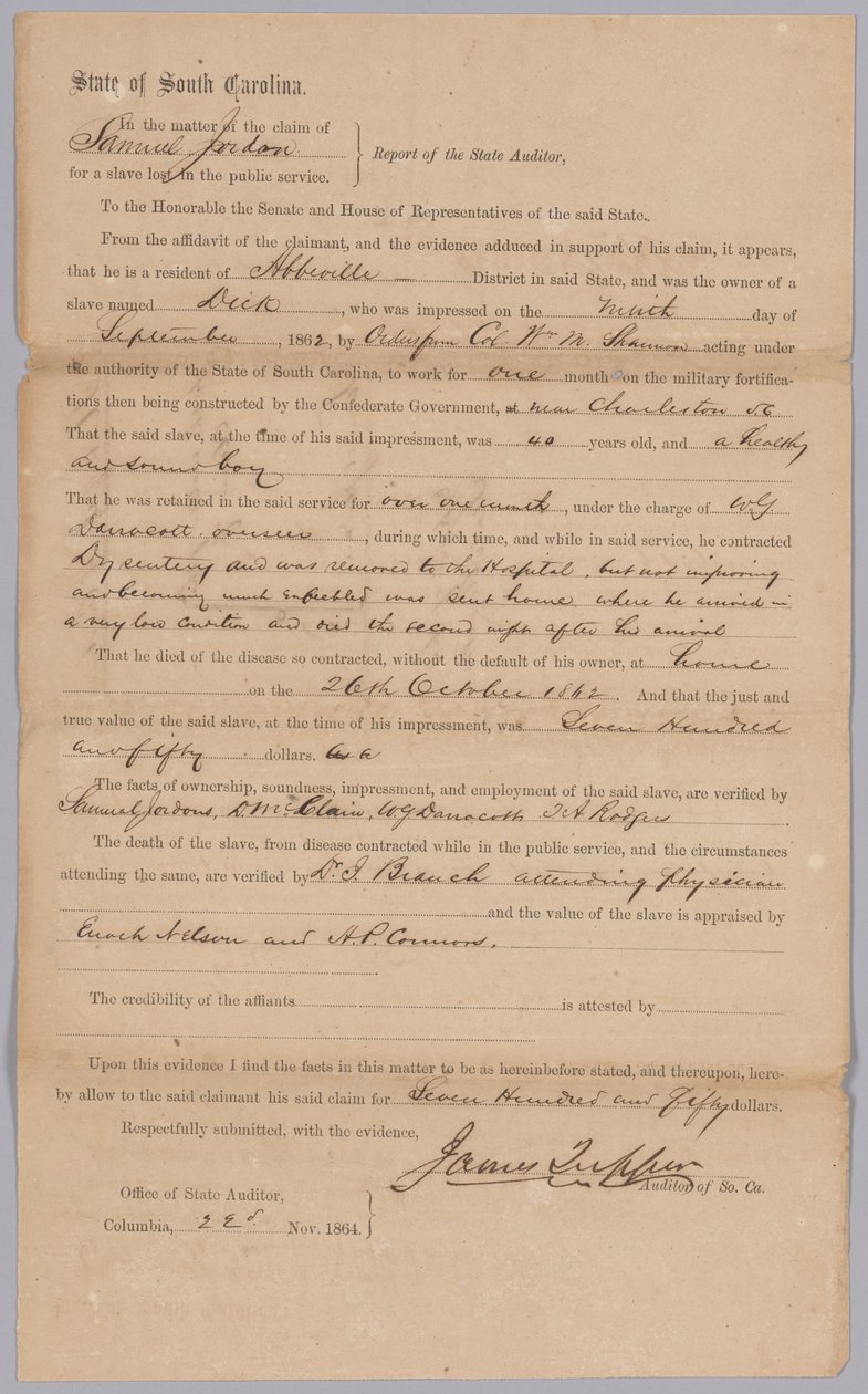 Etelä-Carolinan konfederaation osavaltion myöntämä vaatimus orjuutetusta miehestä Dickistä, 23. marraskuuta 1864. tekijältä James Tupper