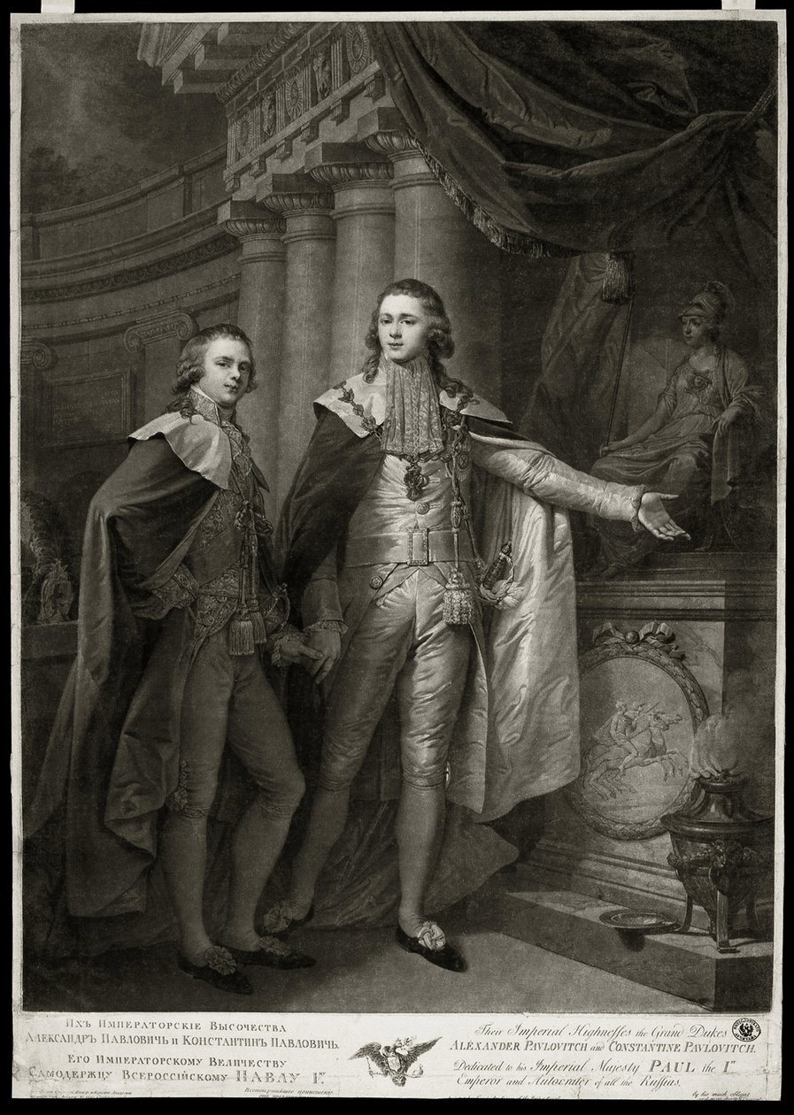 Muotokuvia Venäjän suurruhtinaista Aleksanteri I Pavlovichista (1777-1825) ja Konstantin Pavlovichista (1779-1831). James Walkerin teos (1748-noin 1808), kaiverrus 1797. Englantilainen taide tekijältä James Walker