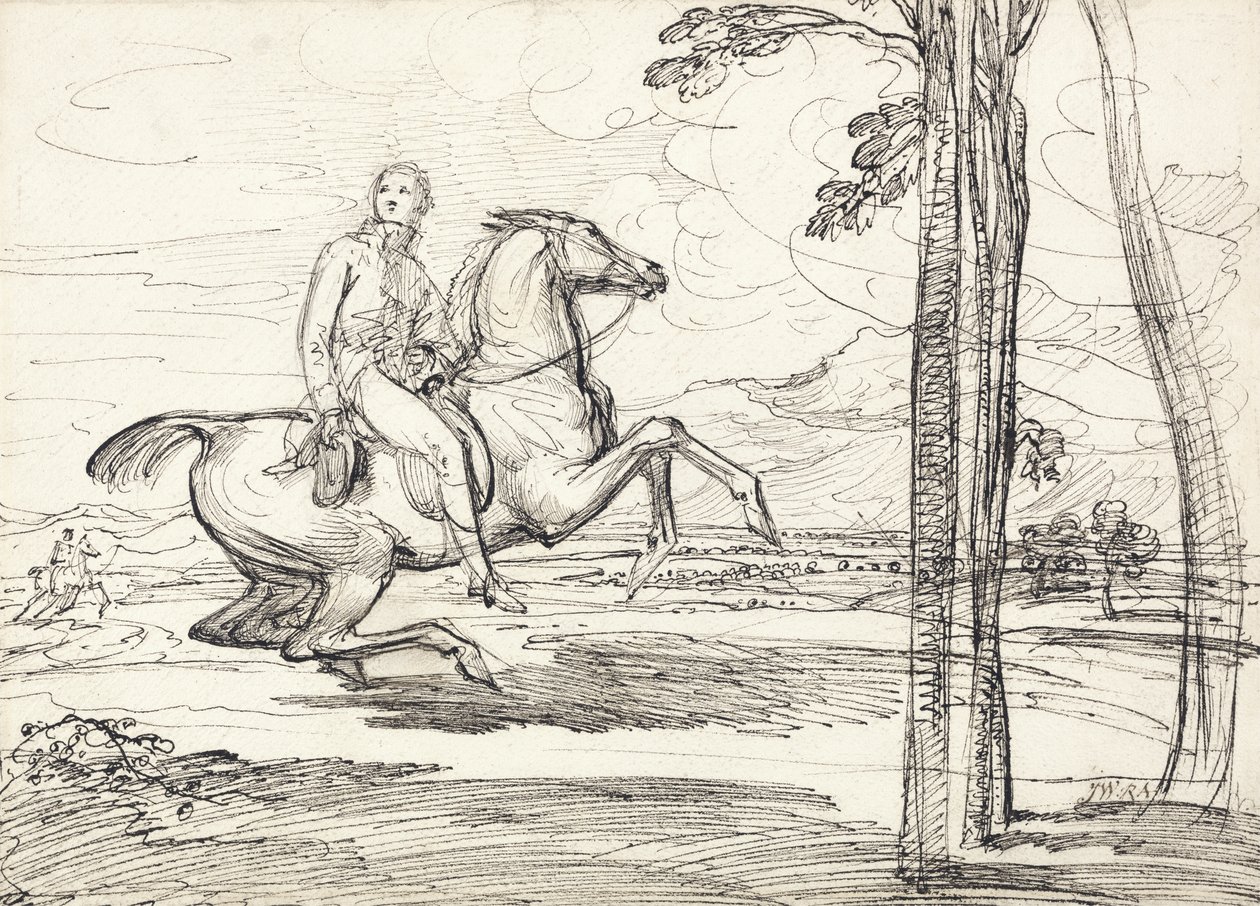 Ratsasmies maisemassa, luultavasti tutkimus "Theophilus Levett Fox Hunting in Wychnor Park" tekijältä James Ward