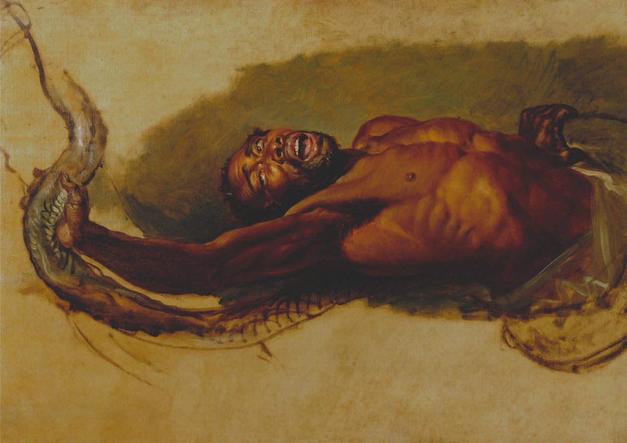 Mies kamppailee Boa Constrictorin kanssa, Study for "Liboya Serpent Seating its Prey" (Liboya-käärme tarttuu saaliiseensa). tekijältä James Ward