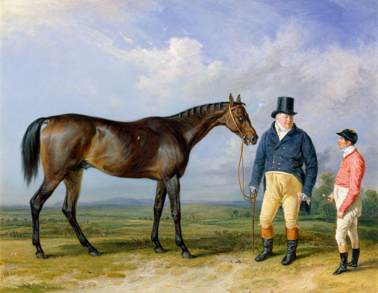 "Rockingham omistajansa John Theobaldin ja Jockeyn, Jem Robinsonin kanssa", 1835 tekijältä James Ward