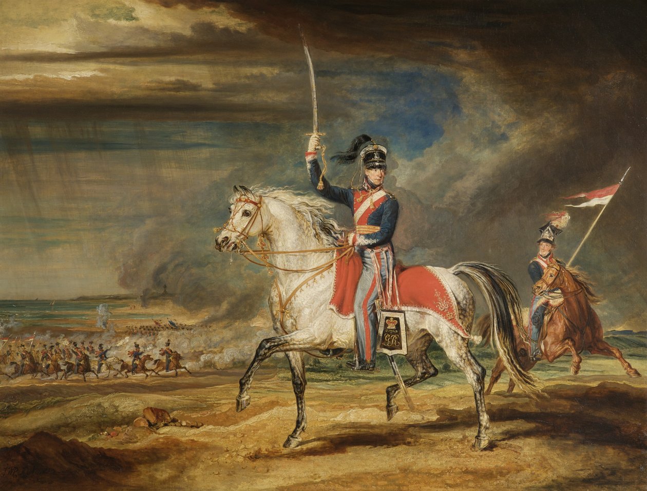 Sir John Leicester, Bt, harjoittelemassa Cheshire Yeomanryn rykmenttiään Sandsilla Liverpoolissa, 1824 tekijältä James Ward